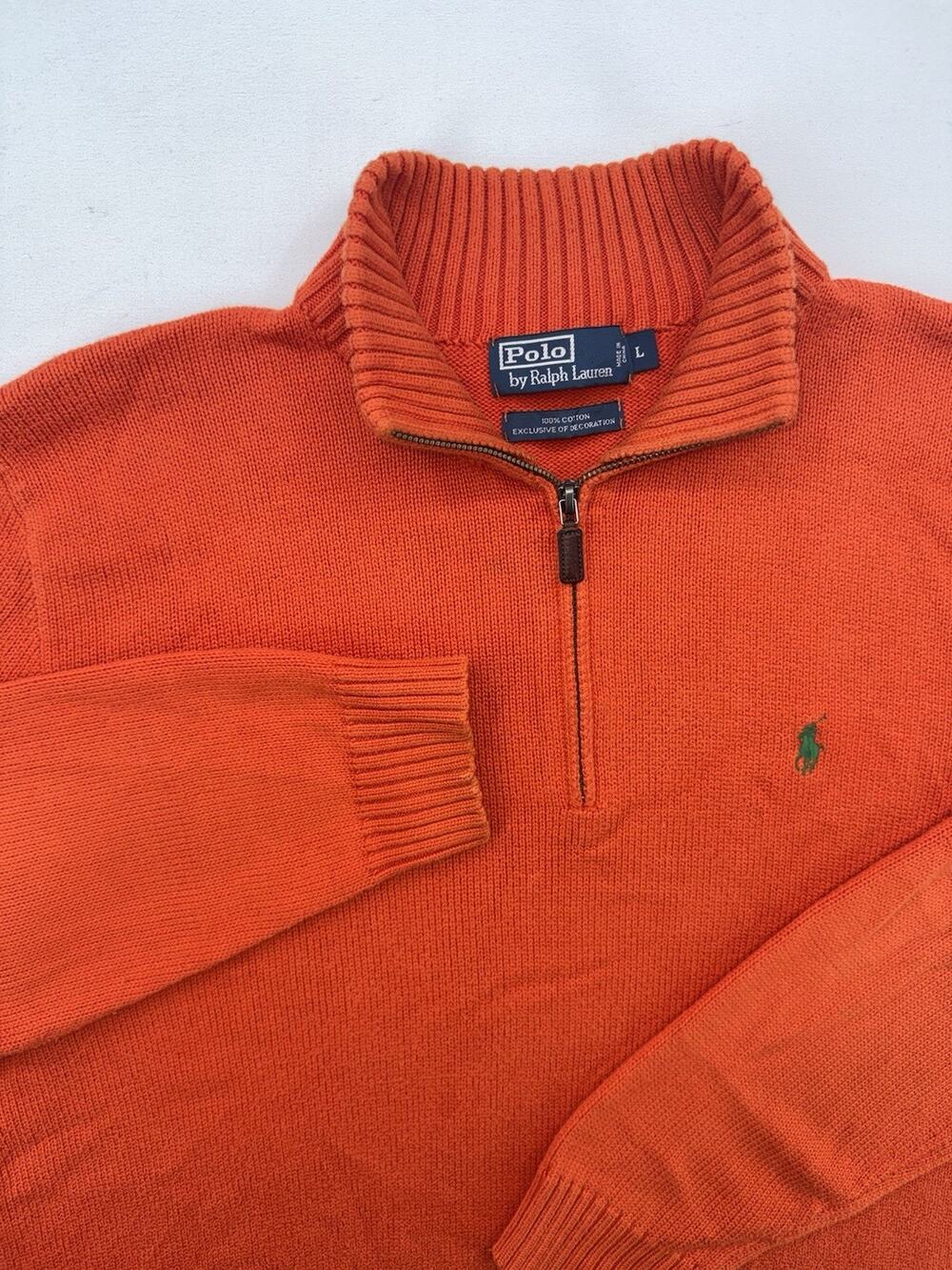 Polo Ralph Lauren 1/4 Zip Knit Sweater Mens L 90s Orange Pony Pullover Vintage